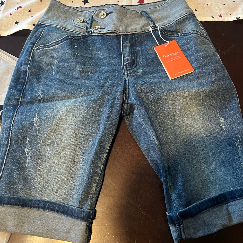 Two Tone Button Detail Ripped Roll Hem Denim Bermuda Shorts MEDIUM (Size 6-8)